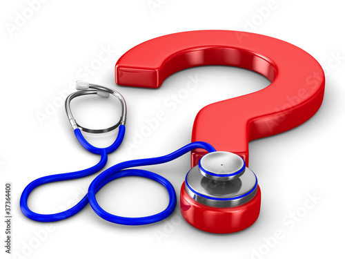 Illustration: Stethoscope and question on white background. Isolated 3D image Stethoscope and question on white background. Isolated 3D image