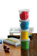 Tower made of colored plasticine boxes Tower made of colored plasticine boxes