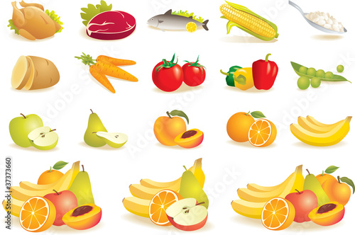 벡터 일러스트(편집용 파일):Food icons set - fruit, vegetables, meat, corn. Vector Food icons set - fruit, vegetables, meat, corn. Vector