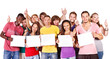 Group people holding banner. Isolated.