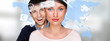 A business people with icons floating around their head. Portrai