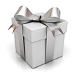 Illustration: Present box with silver ribbon bow Present box with silver ribbon bow