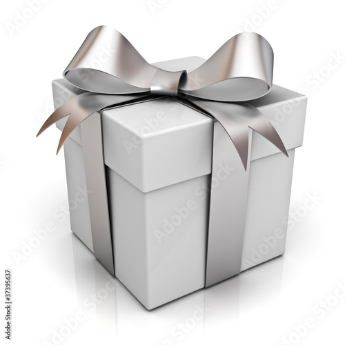 Illustration: Present box with silver ribbon bow Present box with silver ribbon bow