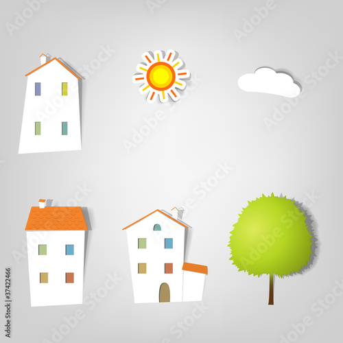 Vector: Set of vector stickers. Houses. Set of vector stickers. Houses.