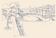 Vector cityscape. Houses on the river channel and bridge Vector cityscape. Houses on the river channel and bridge