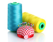 Bobbins of thread with colored pinheads in pin-cushion isolated
