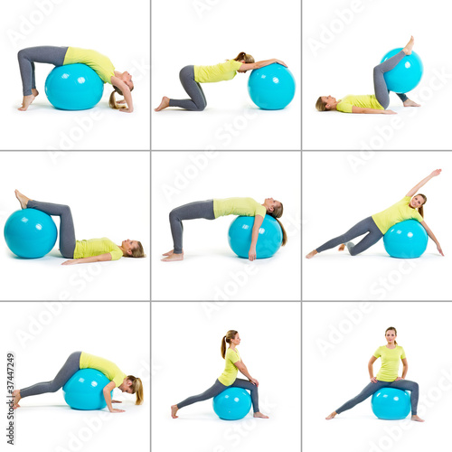 Foto: Collage mit Frau bei Gymnastikübungen mit Ball Collage mit Frau bei Gymnastikübungen mit Ball