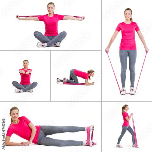 Foto: Collage mit frau trainiert mit theraband Collage mit frau trainiert mit theraband