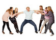 Cheerful family having fun on white