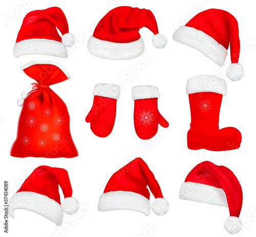 Vector: Big set of red santa hats and clothing. Vector illustration. Big set of red santa hats and clothing. Vector illustration.