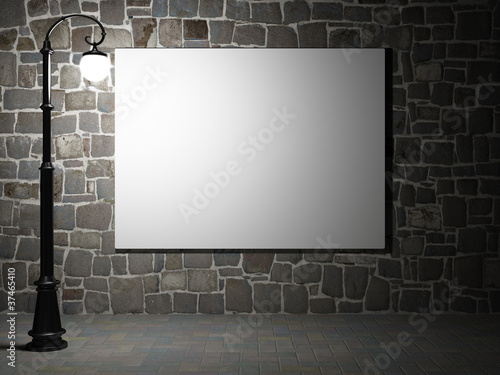Illustration: Blank billboard on a brick wall at night. Blank billboard on a brick wall at night.