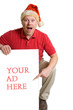 Man in Santa hat and red shirt holds a white card ad sign