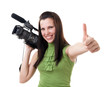 pretty girl holding HDV camcorder isolated on white