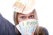 Happy woman with group of money. Isolated.