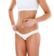 Woman massaging pain stomach isolated on white