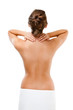 Woman massaging pain back isolated on white
