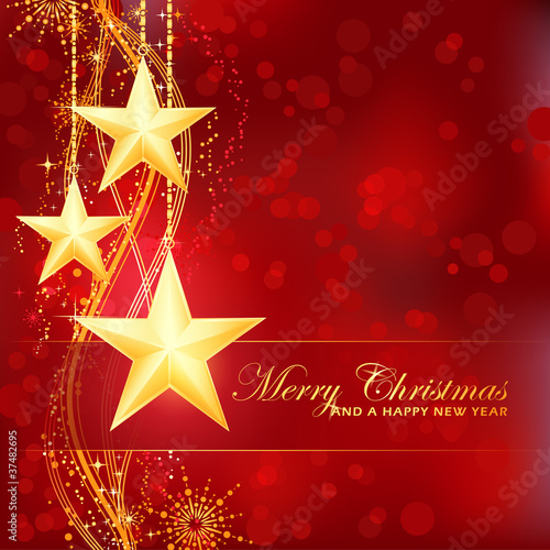 Vector: Golden Merry Christmas stars on red bokeh background Golden Merry Christmas stars on red bokeh background