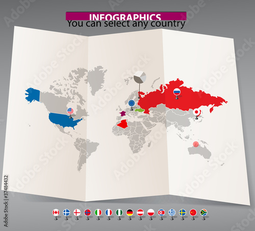 Vector: World map on old map and flags of different countries. World map on old map and flags of different countries.