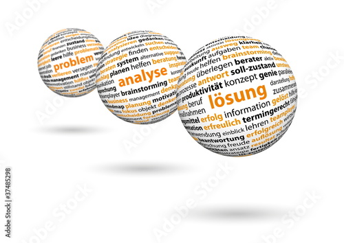 Illustration: Problem, Analyse, Lösung, 3D, Kugel, Support, Strategie, Erfolg Problem, Analyse, Lösung, 3D, Kugel, Support, Strategie, Erfolg