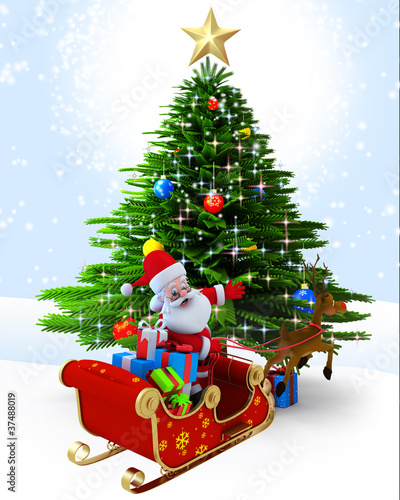 Illustration: Santa claus with his sleigh near christmas tree. Santa claus with his sleigh near christmas tree.
