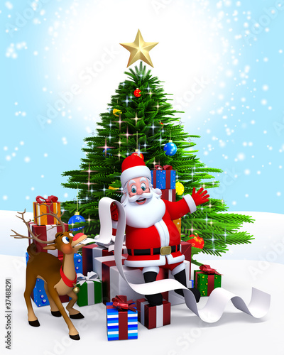 Illustration: Santa Claus & Christmas tree with gift list. Santa Claus & Christmas tree with gift list.