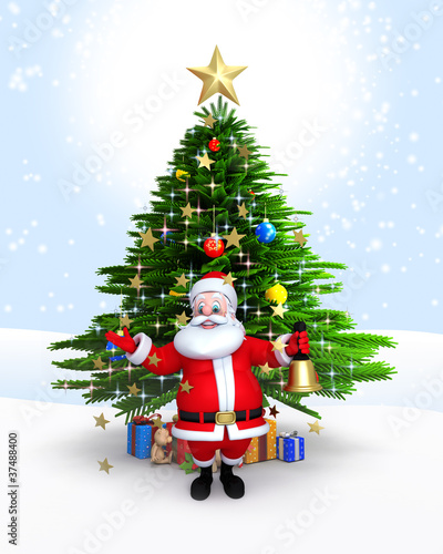 Illustration: Santa Claus with bell & standing in-front Xmas tree Santa Claus with bell & standing in-front Xmas tree