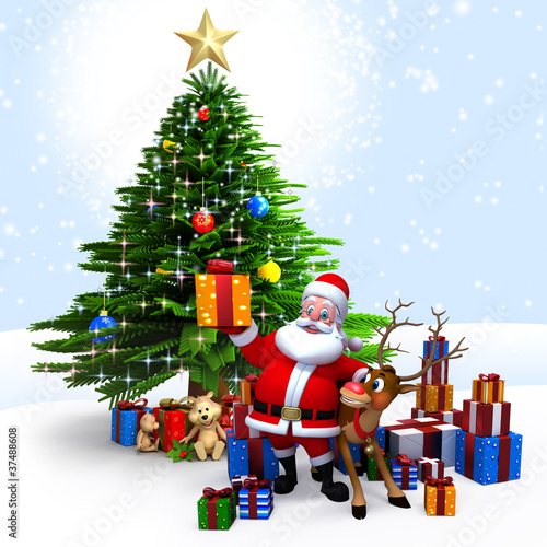Illustration: Santa Claus with his reindeer & gifts in front of Xmas tree. Santa Claus with his reindeer & gifts in front of Xmas tree.