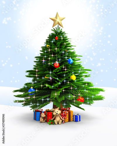 Illustration: Christmas tree with gifts and teddy Christmas tree with gifts and teddy