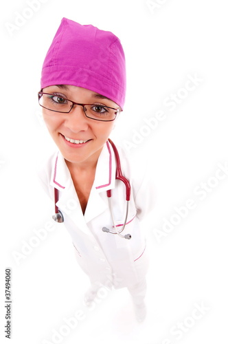 Photo: Portrait of young female doctor on white background Portrait of young female doctor on white background