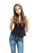 Gorgeous young brunette girl posing in jeans.