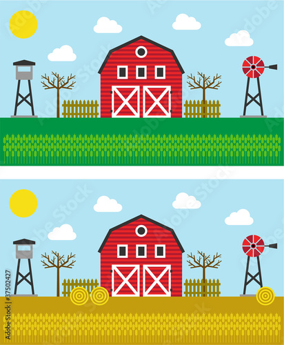 Vector: vectorized farm in spring and summer vectorized farm in spring and summer