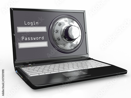 Illustration: Laptop with steel security lock. Password Laptop with steel security lock. Password