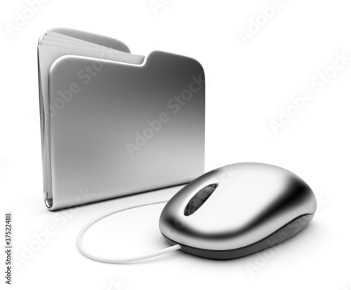 Illustrazione: Computer mouse and silver folder. 3D illustration isolated on w Computer mouse and silver folder. 3D illustration isolated on w
