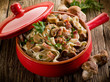 tagliatelle with cep edible mushroom and bacon over casserole