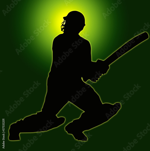 Illustration: Green Gold Back Sport Silhouette - Cricket Batsman Green Gold Back Sport Silhouette - Cricket Batsman