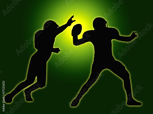 Illustration: Green Glow Silhouette American Football Quarterback and Defender Green Glow Silhouette American Football Quarterback and Defender