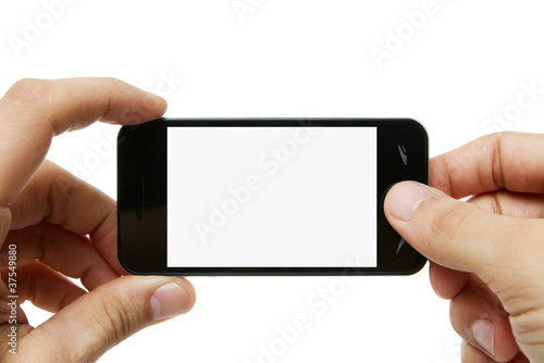 Foto: Taking picture with mobile phone with clipping path for the scre Taking picture with mobile phone with clipping path for the scre