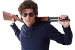 Young guy a little bully with rifle on shoulders isolated