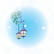 Winter background with two lanterns and spruse branch Winter background with two lanterns and spruse branch