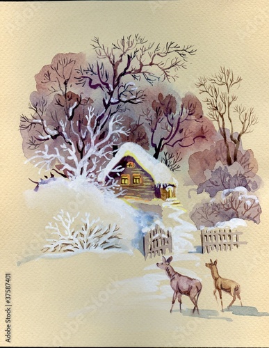Illustration: Watercolor Landscape Collection: Wintertime Watercolor Landscape Collection: Wintertime