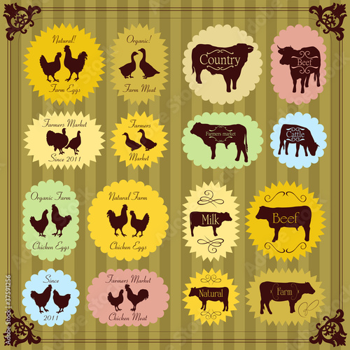 Vector: Farm birds egg and meat labels illustration collection Farm birds egg and meat labels illustration collection