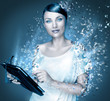 Poster photo of young pretty woman using her tablet computer and