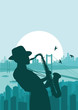 Saxophone player in skyscraper city landscape