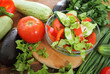 Fresh vegetables on the wooden background