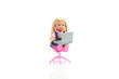 doll sitting on a chair with laptop isolated on white