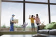 Children watching deliveryman arriving with package