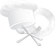 Chef hat, plate with spoon, fork and knife Chef hat, plate with spoon, fork and knife