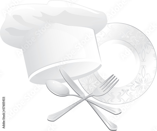 Vector: Chef hat, plate with spoon, fork and knife Chef hat, plate with spoon, fork and knife