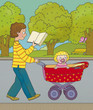 boy walking with a little sister, and reading a book, correct?