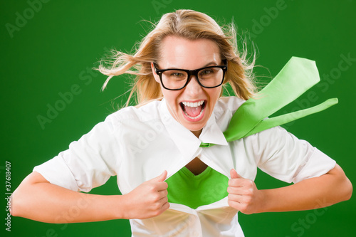 Photo: Green Superhero Businesswoman crazy face Green Superhero Businesswoman crazy face